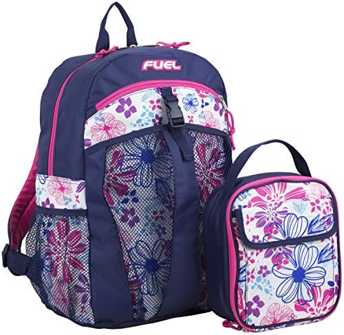 FUEL Backpack with Lunch Box Combo – 18.5” Two Compartment Water Resistant Durable Adjustable Straps with Side Water Bottle Pockets 2 in 1 Set – Periwinkle Flowers