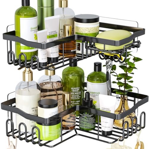 HapiRm Duschablage Ohne Bohren Ecke - Bad Eckregal Ohne Bohren mit 11 Haken Seifenschale und Rasiererhalter, Rostfrei Eckduschablage Dusche Regal für Badezimmer Küche Dusche, 6 Selbstklebend