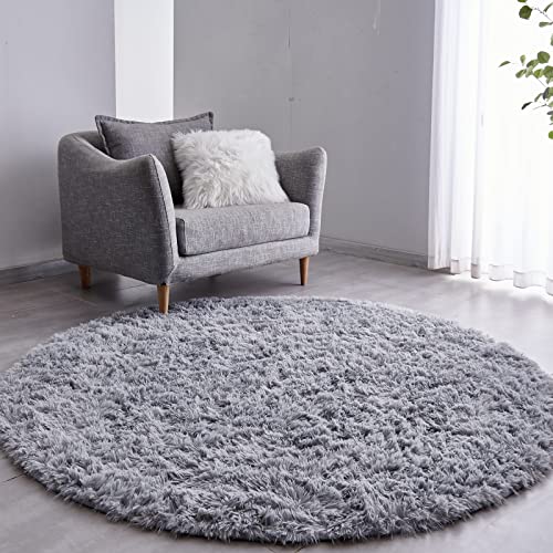 Image of FJZFING Grey Round Rug Ultra-Soft Plush Modern 4x4 Circle Area Rug for Kid's Bedroom, Fluffy Shag Circular Rug for Nursery Room, Non-Slip Home Decor Cute Grey Carpet for Teen's Room