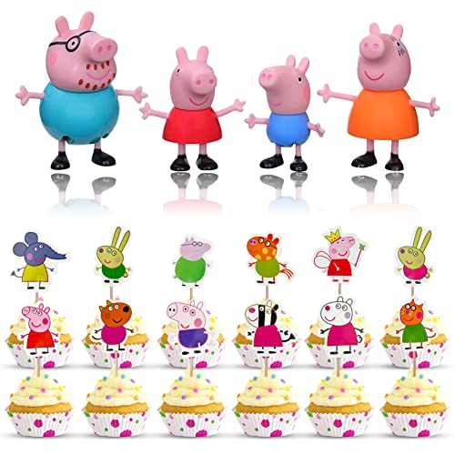 Peppa Pig Gâteau Décorations, 4 Peppa Pig Figure Jouets + 24 Cupcake Décoration, Collection de Figurines de Gâteau D'anniversaire, Gâteau Toppers pour Enfants Fête d'anniversaire Cover