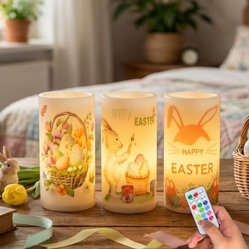 Image of 3PCS Easter Flameless Pillar Candles with Remote Control | Happy Easter Bunny Flower Rabbit Spring LED Candle Battery Operated, Colorful Flame, Long Lasting