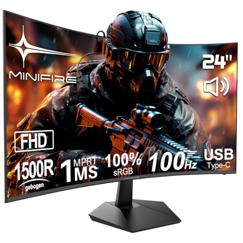 Minifire 24 inch gaming monitor, 100Hz, gebogen gaming monitor, luidspreker, USB Type-C poort, 1Ms, sRGB100%, FHD 1080P computerscherm, VESA-compatibel, Eye Care Adaptive Sync HDMI Port (MF24C1)