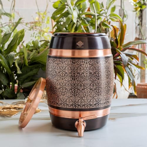 Image of Indian Art Villa Copper Water Pot Dispenser 7.6 Liters with Tap & Lid, Embossed Black Printed Design, Ayurvedic Copper Water Storage for Home, Office, Parties & Gifting, Traditional Stylish Drinkware