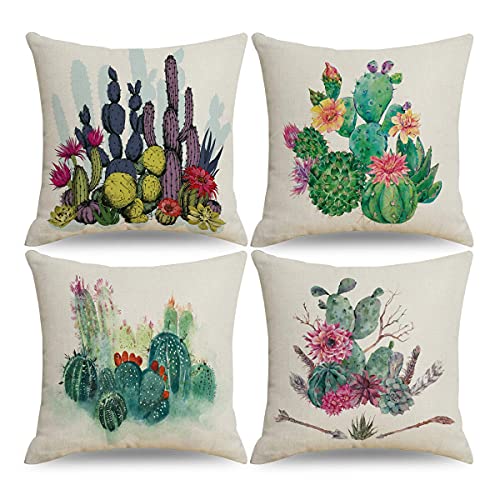 Qiqiany Set Of 4 Tropical Plants Cactus Decorative Throw Pillow Covers 18X18 Inch Square Linen Fabric Modern Farmhouse Decor Succulent Cactus Cushion Pillow Case For Sofa Bed Car Chair Living Room #TOP6