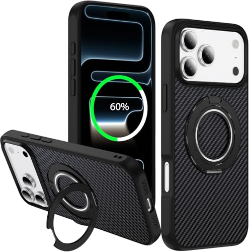 Coque iPhone 17 Pro en fibre de carbone luxe avec support rotatif et MagSafe