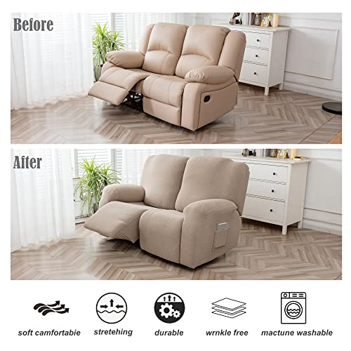 Image of Genina Recliner Loveseat Covers, Stretch Reclining Sofa Covers, 2 Seater Couch Cushion Stripe Jacquard Recliner Slipcovers - Furniture Protector Covers for Pet Kid (Taupe)