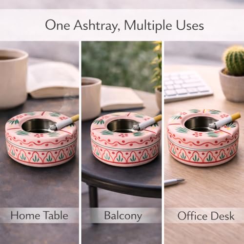 Image of iHandikart Handpainted Ash Tray 4x2 Inch | Metal Ashtray for Home, Table & Car Use | Multicolour Decorative Ashtray | Handmade Smoking Accessories for Indoor & Outdoor Use(Pink)