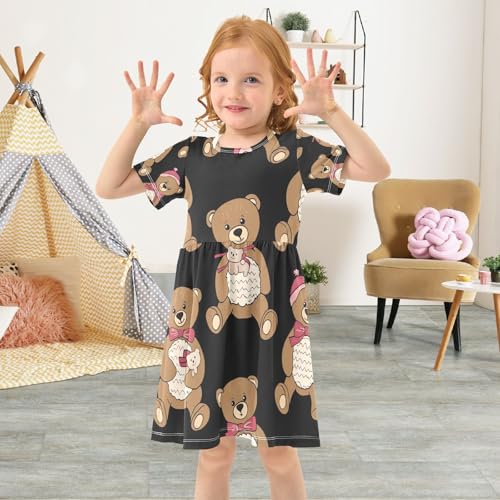 Girls Short Sleeve Dress Cute Teddy Bears Black Toddler Summer Kids Casual Playwear Outfits, 2T4