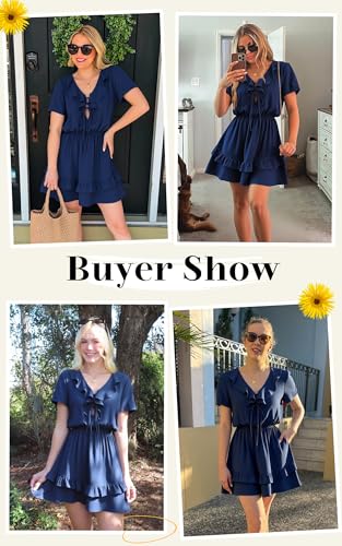 Image of Angashion Womens Tie Front Mini Dress V-Neck Ruffle Hem Summer Pockets