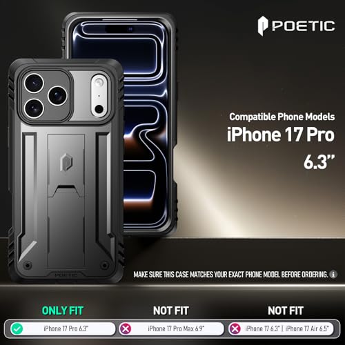 Image of Poetic for iPhone 17 Pro Case with Camera Control Capture Button, [Built-in Stand] [Built-in Screen Protector] Full-Body Military Grade Rugged Phone Case for iPhone 17 Pro, Black