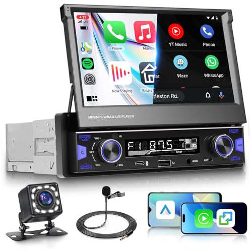 Rimoody Radio de Coche 1 DIN Inalámbrico Carplay Android Auto con Pantalla Táctil HD de 7' Retráctil Pantalla con Bluetooth Mirror Link Radio FM/Am/RDS/EQ Disco U/USB/AUX/Tipo C Cámara Trasera
