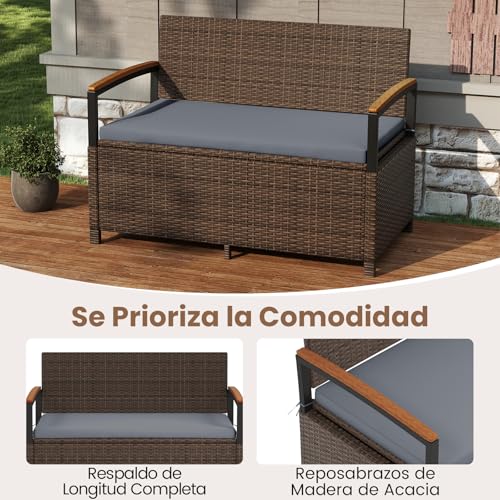 COSTWAY Banco de Almacenamiento Exterior Ratán, 175 L Baúl para Terraza con Cojín, Respaldo y Reposabrazos de Madera de Acacia, Sofá de Mimbre PE con Almacenamiento Oculto y Bolsa Impermeable (Gris) - imagen 4