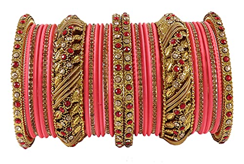 ZULKA Get your traditions Metal Base Metal with Zircon Gemstone Studded worked and Flower Or Leaf Shaped Glossy Finished Chuda Set For Women and Girls, (Watermelon_2.8 Inches), Pack Of 30 Bangle Set Deal