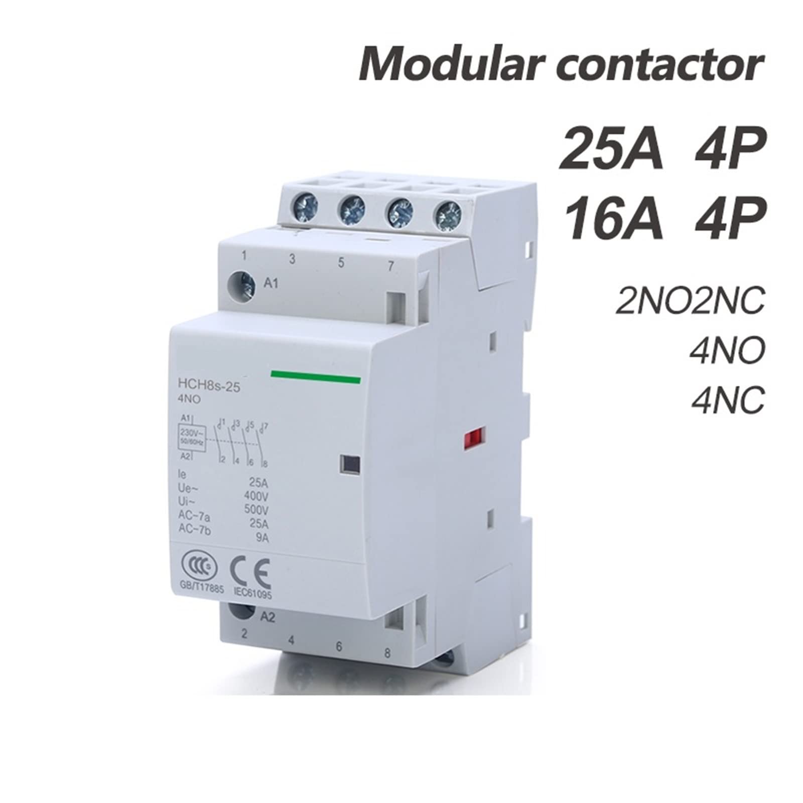 Contactor Modular HCH8s-25, 4 Polos, 16 A, 20 A, 25 A, NA, NC o 2, 24 V, 110, 220, contactor automático doméstico, Tipo riel DIN, 1 Unidad | 4P 25A 2NO2NC AC24V