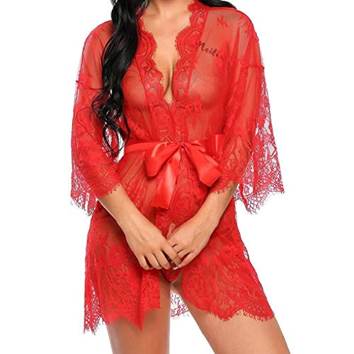 UMIPUBO Mulher roupa de dormir conjunto sexy lingerie transparente laço lingerie erótica Babydoll roupa interior, Vermelho, XL