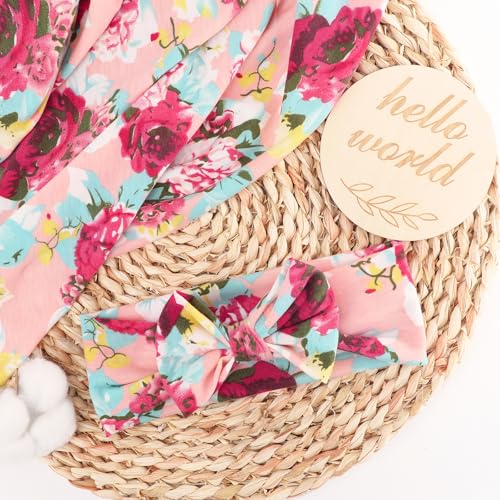 Image of DRESHOW BQUBO Baby Girl Newborn Floral Receiving Blankets with Bow Hat Headband Wooden Birth Announcement Card Set Newborn Baby Swaddling Hats Swaddle Blanket Toddler Warm Shower Gift
