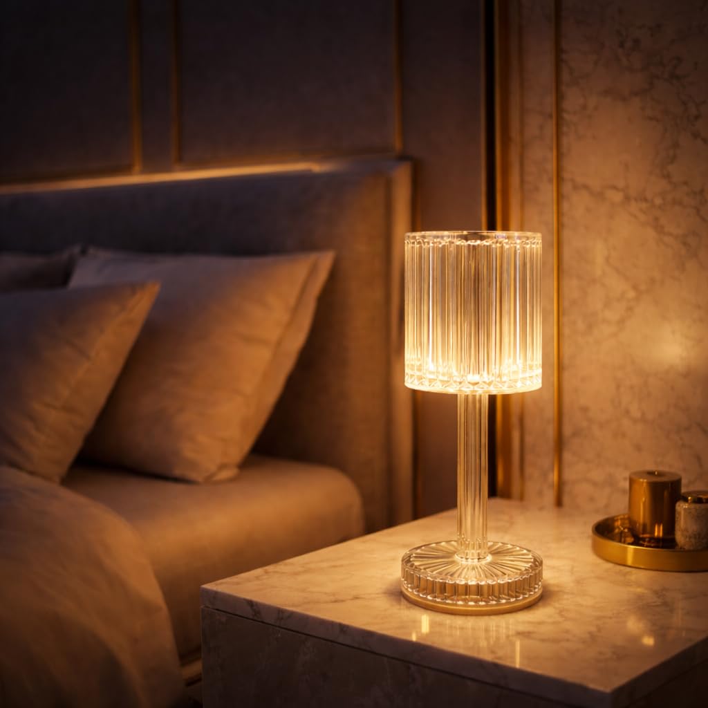 DUAS Crystal Touch Table Lamp 7 Colour Changing Rechargeable Acrylic Lamp with Remote 2000mAh Battery Romantic LED Light for Bedroom Living Room Bar Dining Decor Diamond Cut Design