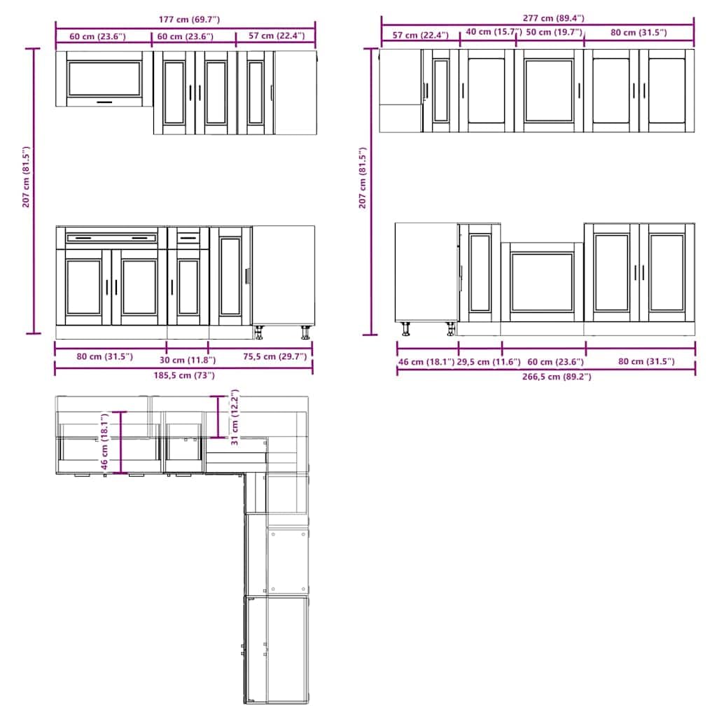 11-TLG Küchenschrank Set Porto Altholz-Optik 80×46×81,5 cm viel Stauraum Modern Design kleine Single Wohn Pantryküche