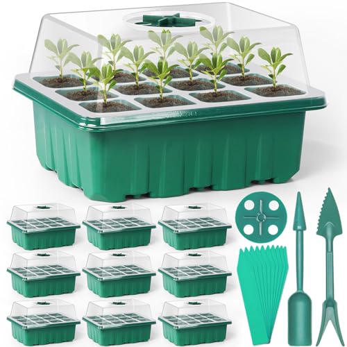 Sfee 10 Pack Seed Starter Tray Kit, 120 Cells Seedling Starter Trays with Humidity Dome and Base Greenhouse Growing Trays, Reusable Seed Germination Seedling Tray with Garden Tools Labels (Green)