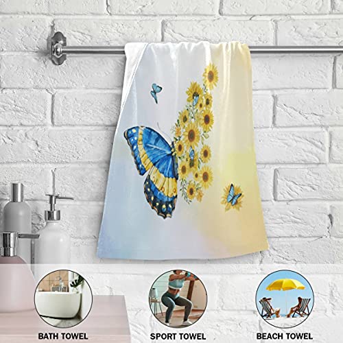 Sunflower Butterfly Hand Towel Blue Yellow Floral Flower Towel Set Of 2, Watercolor Animal Plant Larger Fingertip Towel For Bathroom Kitchen Thanksgiving Day Gift Girl #TOP2