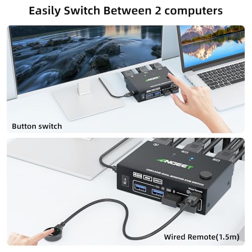 Image of HDMI KVM Switch 2 Monitors 2 Computers 4K@60Hz 2K@144Hz, EDID Simulation, ANGEET Dual Monitor KVM Switch with 4 USB 3.0 Port for Keyboard Mouse, 2 Monitors KVM Switches with Wired Remote and USB Cable
