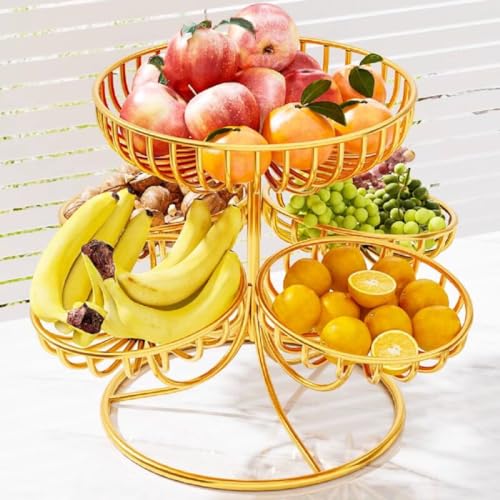 JUNYFFF Frutero De 5 Pisos - Cesta De Frutas Metálica para Mostrador Y Organizador Cocina – Fruteros De Cocina Dorado Estilo Vintage – para Verduras Y Frutas Frescas - Soporte De Frutas con Cuencos