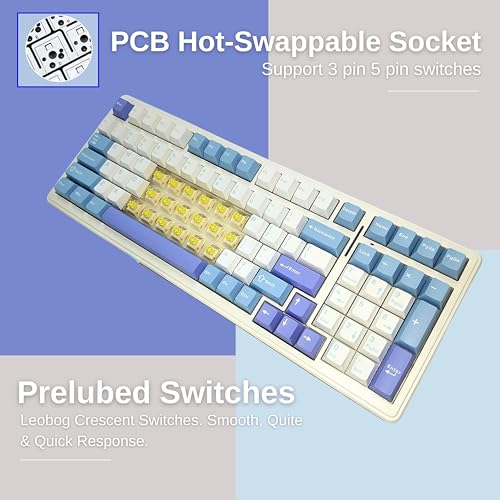 Image of AULA F99 Mechanical Keyboard | Tri-Mode BT5.0 /2.4GHz /USB-C Hot Swappable | Pre-lubed Linear Switches, Gasket Structure | RGB Gaming Keyboard (Blue+White, Crescent Switch)