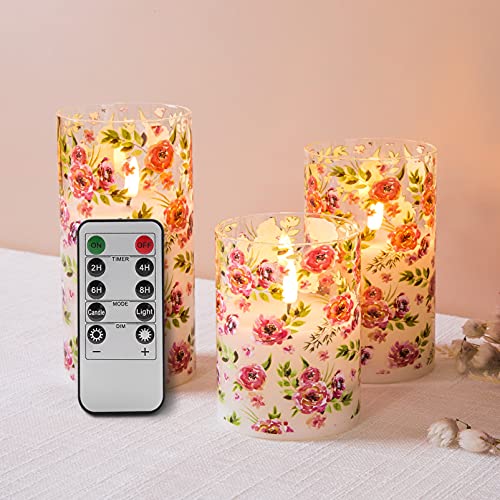 Eywamage Floral Glass Flameless Candles with Remote, Flickering Battery Powered LED Candles D 3" H 4" 5" 6"