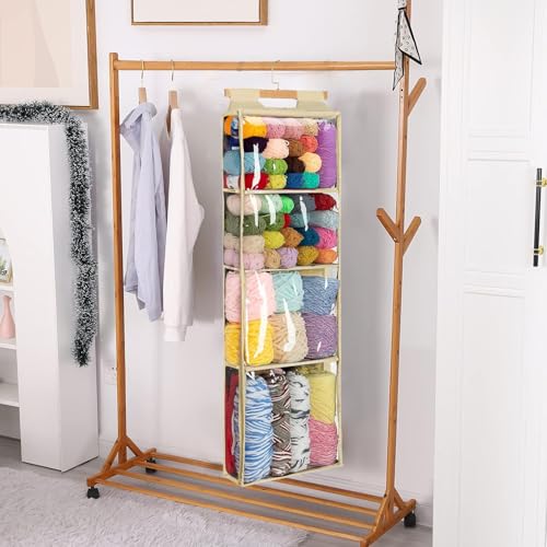 Image of KSORUSL Hanging Yarn Storage Organizer with 4 Large Pockets, Hanging Yarn Holder with Over-Door Hook for Knitting Needles Crochet Hooks, Clear Crochet Storage Bag with Zipper for Crochet Lovers