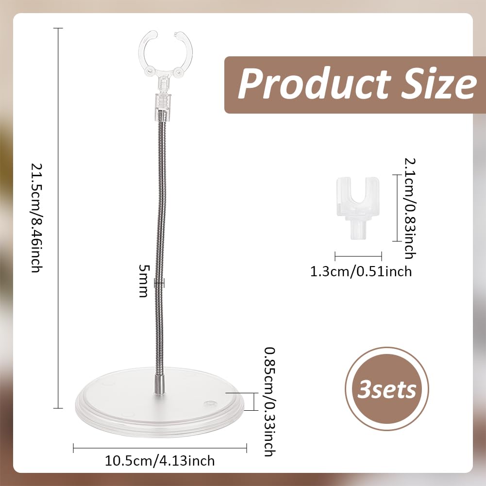 FINGERINSPIRE 3 Pack Action Figure Stand Clear Plastic Round Base with Silver Metal Flexible Snake Bone Support Action Figures Model Display Holder Compatible with HG RG SHF 1/144 Figures - Image 2