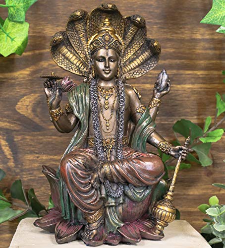 Ebros Gift Dios hindú Señor Vishnu sentado en Cobra cabezas trono estatua Narayana El conservador y protector Figurita Panchayatana Puja Deidad Suprema Hinduismo Escultura de la Ilustración oriental Cover