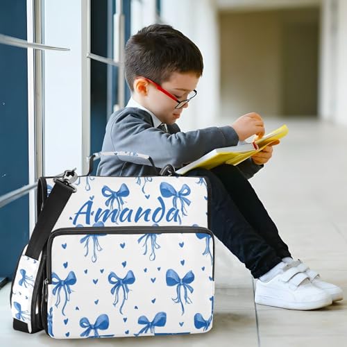 Image of Custom 3 Ring Zipper Binder Blue Bows Ribbons Polka Dots Personalized Name 1.5 inch Binders Large Capacity Multi Pockets for School Office Supplies