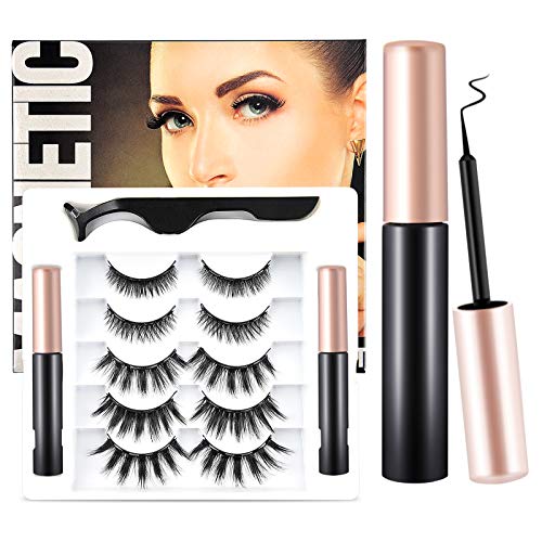 Magnetic Eyelashes with Eyeliner Kit, 5 Pairs Reusable Magnetic Eyelashes and 2 Tubes of Magnetic Eyeliner Kit, Upgraded 3D Magnetic Eyelashes with Natural Look, Tweezers, Waterproof- No Glue Need