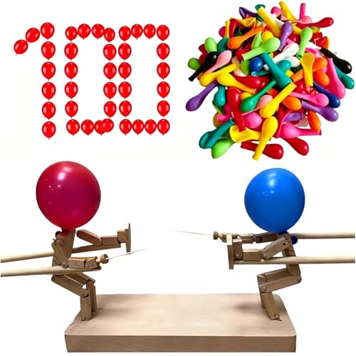 Wooden Balloon Brawlers Fencing Game - 2 Player Puppets Head Floor Games with Handmade Battle Game Puppet Set Fun Fighting Game(with 100 Balloons)