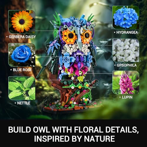 Sillbird Flower Owl Building Sets for Adults Halloween Creative Gift Ideas for Women Men Mom Her, Home Decor Display or Table Centerpieces - Buildable Floral Animals Botanical Model Collection3