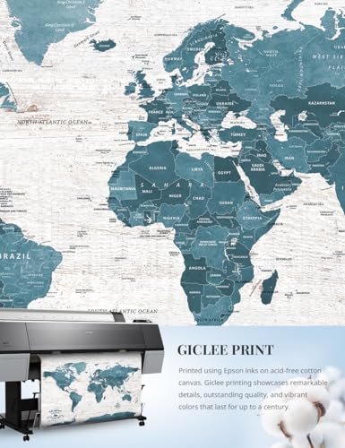 Image of IPIC - Large Vintage Teal World Map Canvas Wall Art, Push Pin World Map to Track Your Travels, Rustic Style Wall Decor for Home, Office, Living Room or RV, Ready to Hang, Made in USA