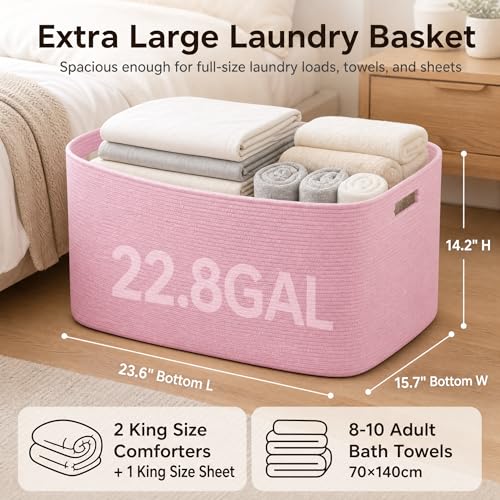 Image of Cotton Rope Laundry Basket Extra Large, 22.8GAL Collapsible Woven Storage Baskets for Living Room Kids Toys Stuffed Animal,Boho Rectangular Decorative Hamper for Dirty Clothes, Blankets Light Pink