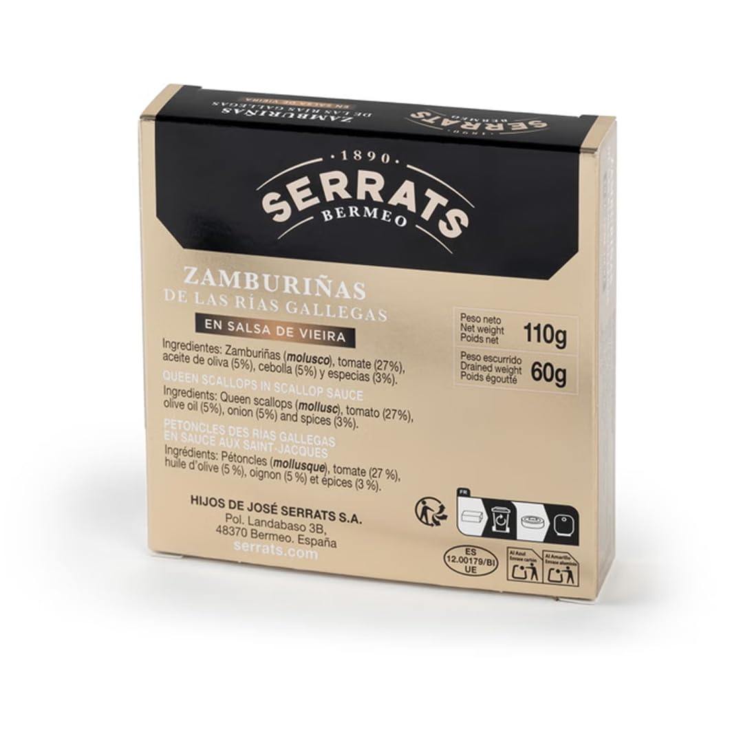 CONSERVAS SERRATS - Zamburiñas de las Rías Gallegas en Salsa de Vieira 14/18 Piezas por Lata - 8 latas x 110g (Total: 880g) - Elaboración Artesanal desde 1890 - Sin Gluten, Rico en Omega 3