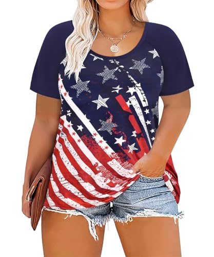 Image of CARCOS Plus Size Tops for Women Short Sleeve Raglan Striped Tee Color Block Crewneck /V Neck Tunic Loose Fit Summer XL-5XL