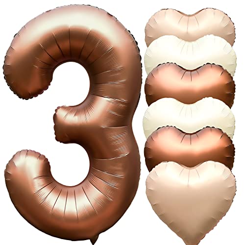 Jonhamwelbor 40 Inch Number 3 Balloon Large Big Helium Foil Number Balloon With Heart Balloons For Girl And Boy 3Rd Birthday Party Decoration (40 Inch Brown 3) #TOP5