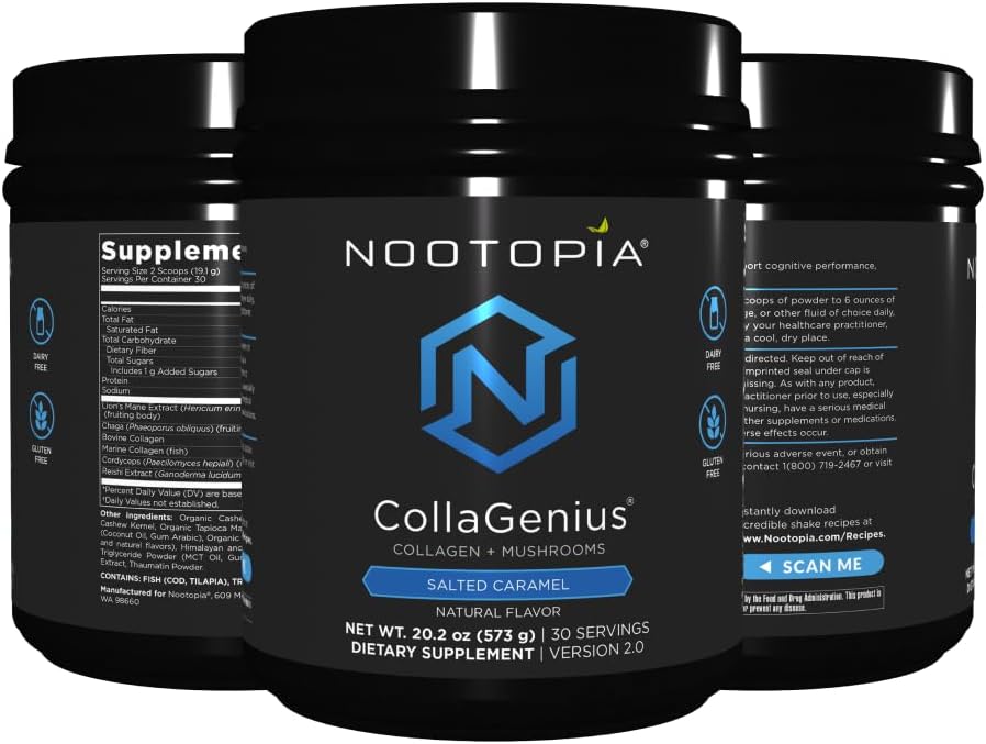Nootopia Collagenius v 2.0 - Blended Powder of 4 Mushrooms, Collagen & Superfoods - Brain Supplement Supports Focus, Memory, Hair, Skin - Salted Caramel 30 Servings