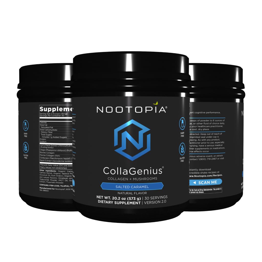 Nootopia Collagenius v 2.0 - Blended Powder of 4 Mushrooms, Collagen & Superfoods - Brain Supplement Supports Focus, Memory, Hair, Skin - Salted Caramel 30 Servings
