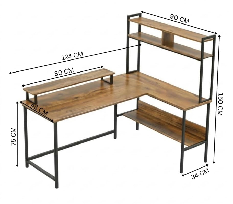 Image of TEKAVO Tonny L Shape Table for Home Office, Computer Table for Home Pc, L Shaped Office Table, Gaming Work Desk | with Book Shelf + Monitor Riser, Forest Wood, Metal (124 x 48 x 75 Cm) | DIY