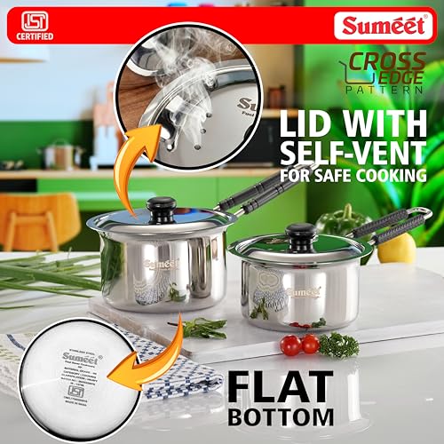 Image of Sumeet ISI Certified HeavyPly Premium Stainless Steel Cross Edge Induction & Gas Stove Friendly Saucepan /Milk Pan /Tea Maker with Lid Set of 2 Pcs - 830ml / 1150ml
