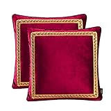 DezignicoHome Decorative Velvet Throw Pillow Covers for Sofa Couch Bed Chair, Embroidery Pattern Design, Ruby Red, Pack of 2, 18x18 Inch