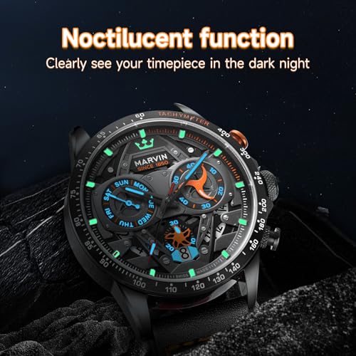 marvin Chronograph Watches for Men Swiss Mens Watch Luxury Men's Wrist Watches with Leather Strap and Weekday,Hour,Date Dial,Quartz Movement,Stainless Steel Case, Luminous,50M Waterproof3