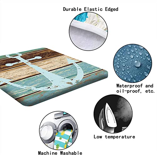 Wood Grain Fitted Tablecloths Square, Boat Anchor On Teal Green Rustic Wooden Planks Elastic Edged Table Cover, Dust Proof Washable Tablecloth For Family Picnic Bbq Party Use, Fits To 36X36 In Table #TOP4