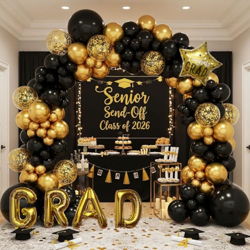 Image of Graduation Balloon Arch Kit - 115Pcs Black Gold Graduation Balloon Garland with GRAD Letters and Star Foil Balloons for Class of 2026 Grad Prom Party Decor