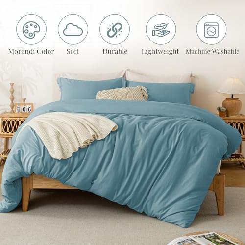 Image of MILDLY Duvet Cover Full Ultra Soft Comforter Cover Set 3pcs, Blue | Washed Microfiber Cotton-Like, Breathable Comfort, Hidden Zipper, Corner Ties, OEKO-TEX Certified, Fade Resistant