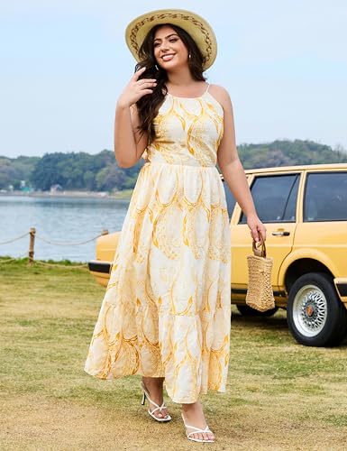 Image of EYWOL Women Plus Size Floral Dress, Summer Beach Yellow Sundress, Embroidered Halter Open Back Bow, Flowy Tiered for Vacation